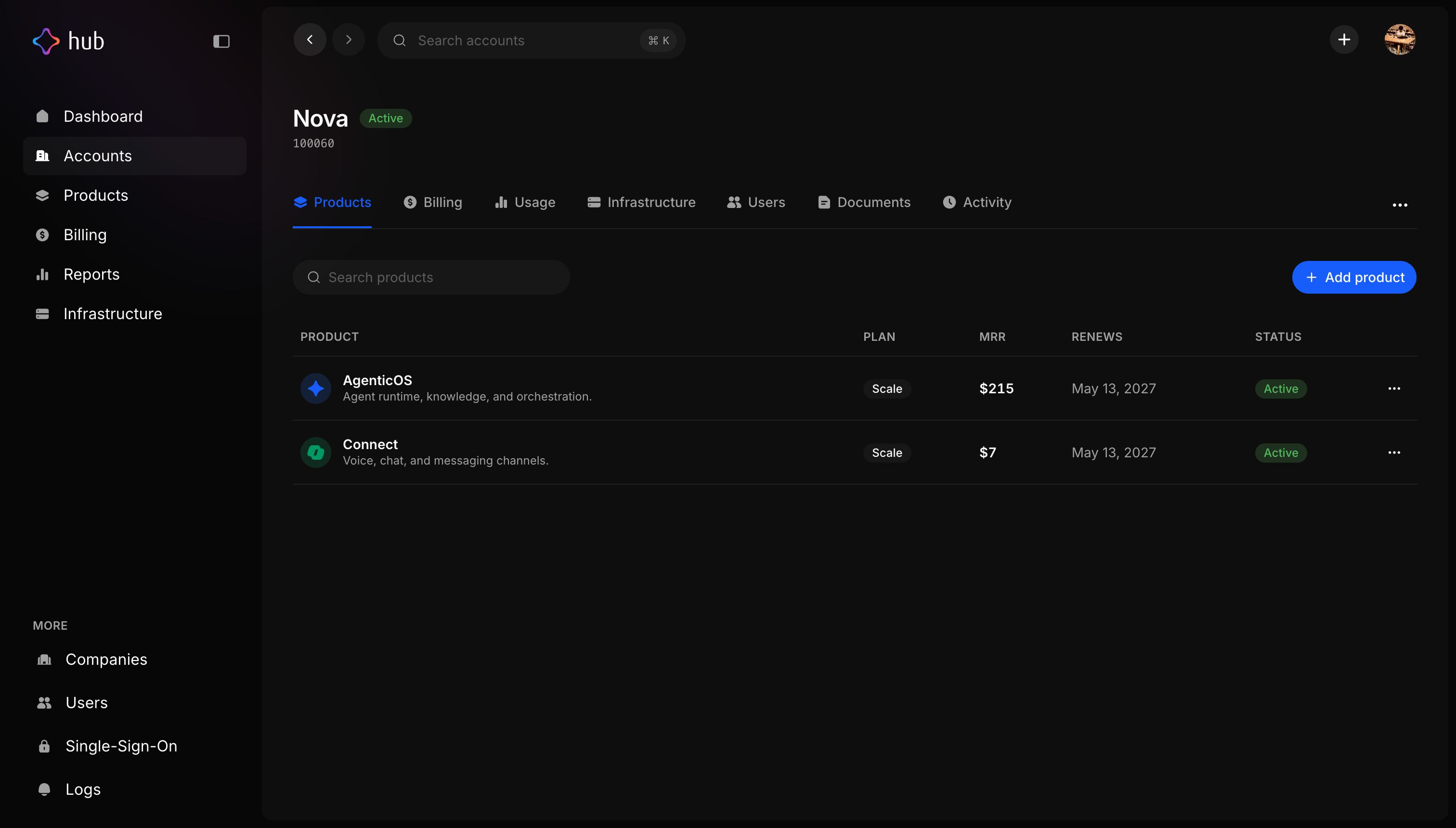 Hub account detail showing subscribed products, plans, and renewal dates