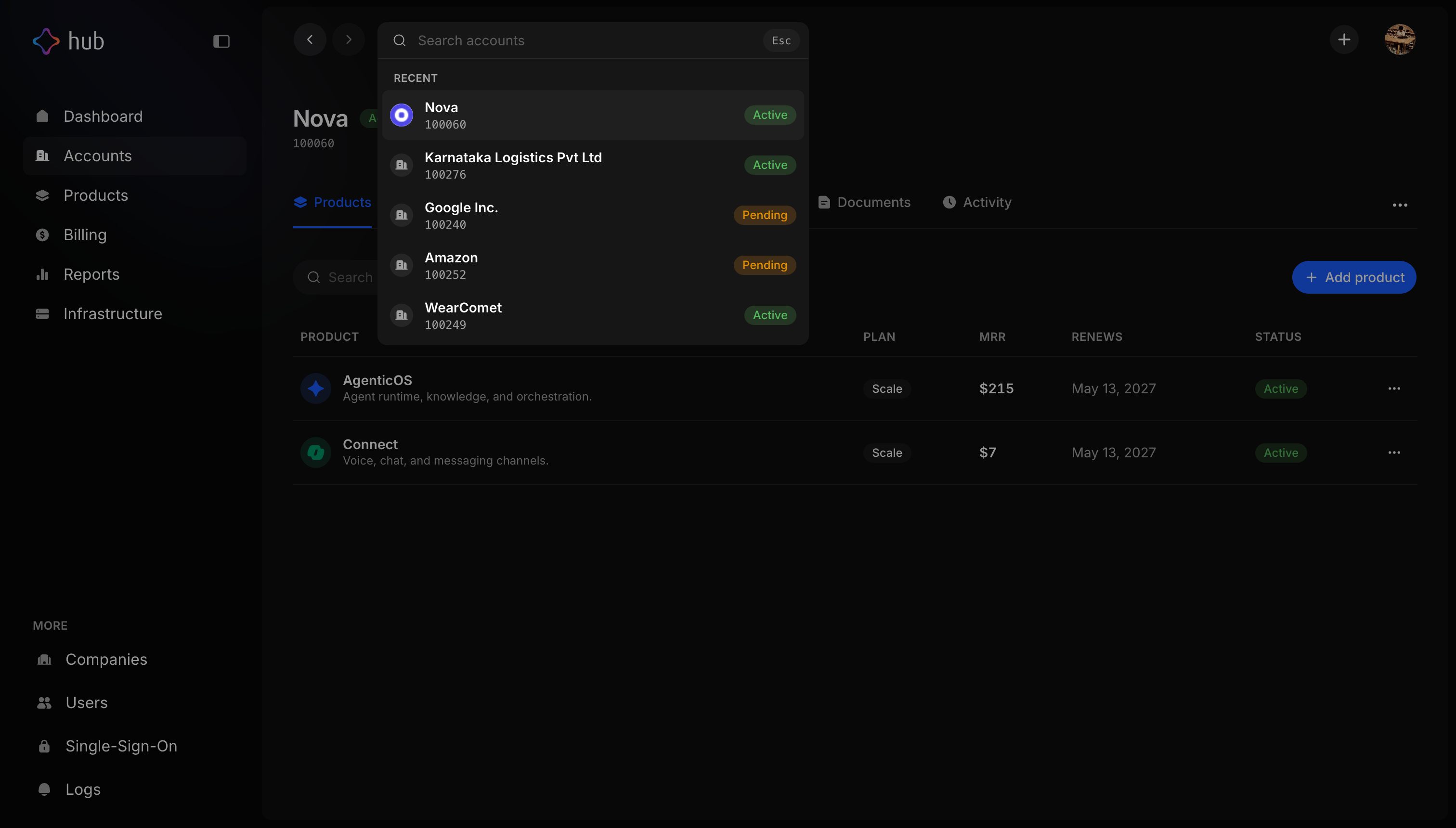 Hub global account search with recent results
