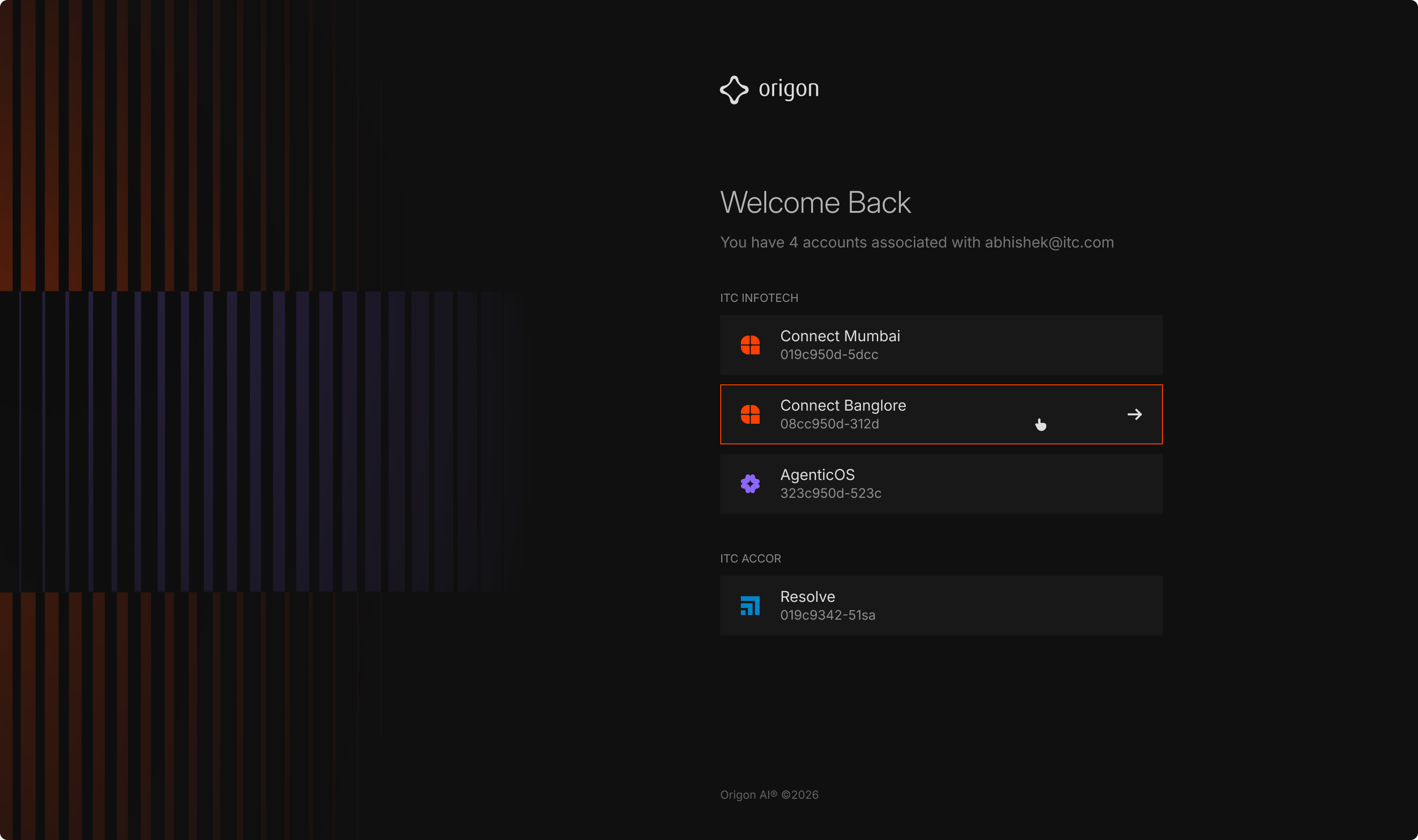 Origon account picker listing workspaces across organizations