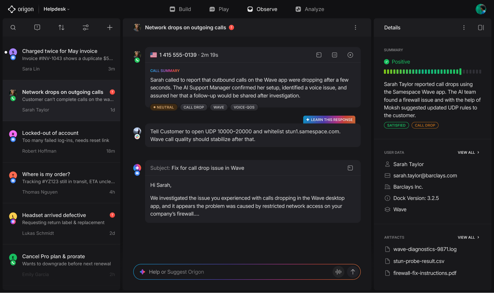 Origon helpdesk triaging a customer report with linked context and details