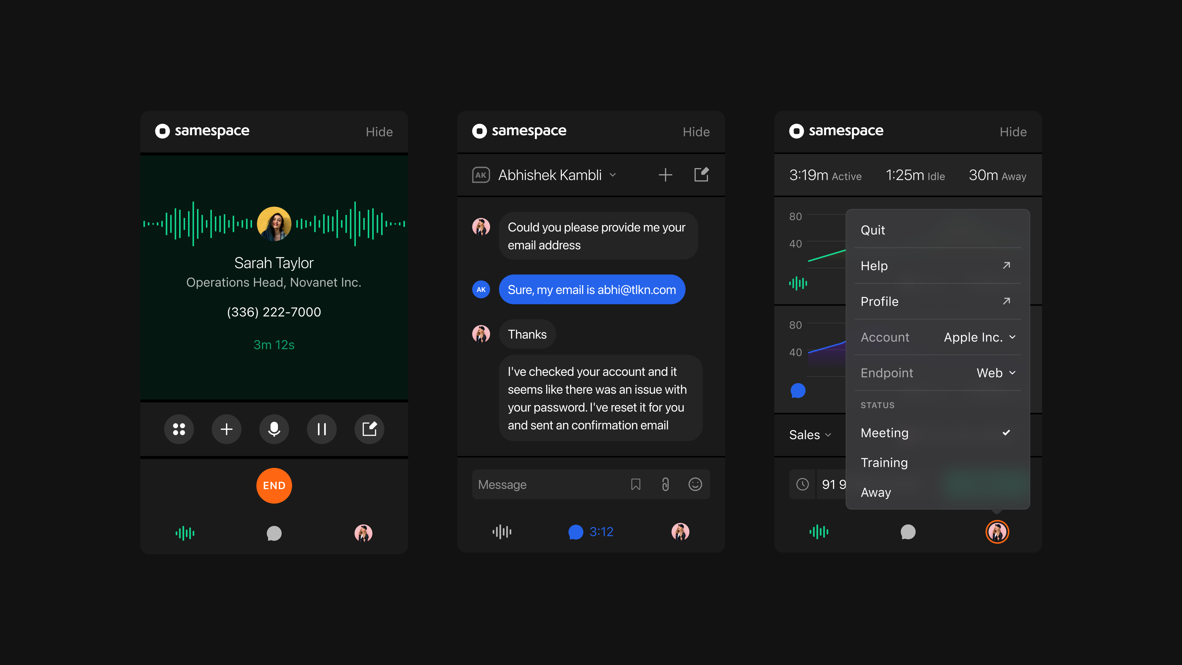 Samespace softphone with live call, chat, and agent status menu