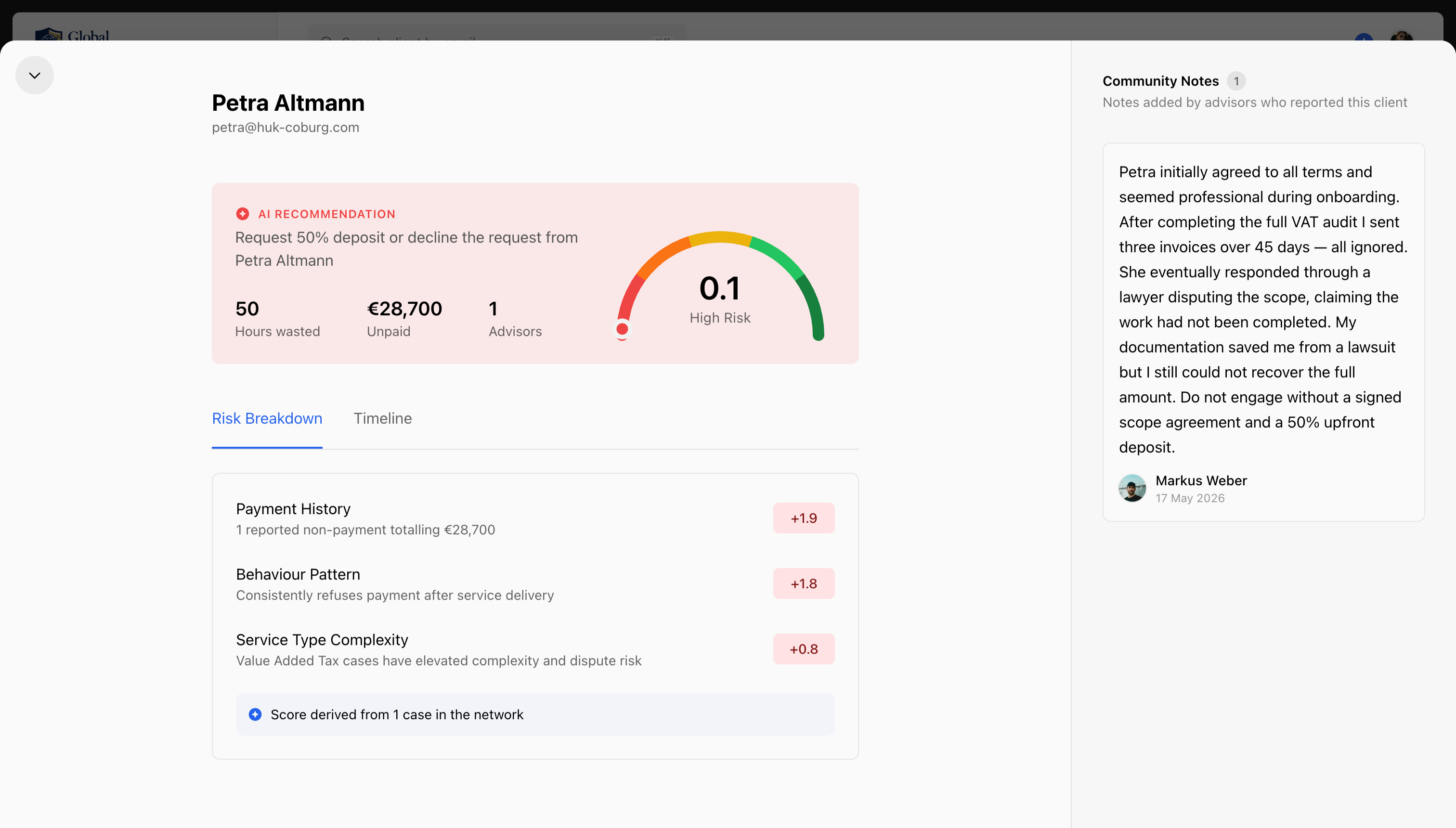 Tax Check client risk profile with AI recommendation, score breakdown, and community notes from other advisors